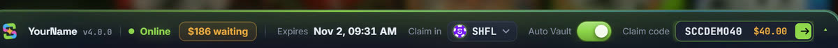 The Script Claimer bar on shuffle.com: YourName online, 186 dollars of rewards waiting, claim coin SHFL, Auto Vault on, and the code SCCDEMO40 typed with its value, 40 dollars, shown before claiming