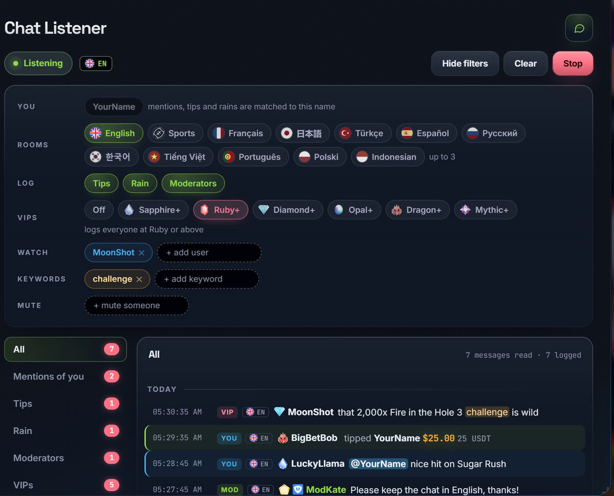 The Chat Listener tab: room, VIP, watch and keyword filters above a log of chat messages marked VIP, YOU, MOD and RAIN, including a tip to YourName and a rain YourName got a share of