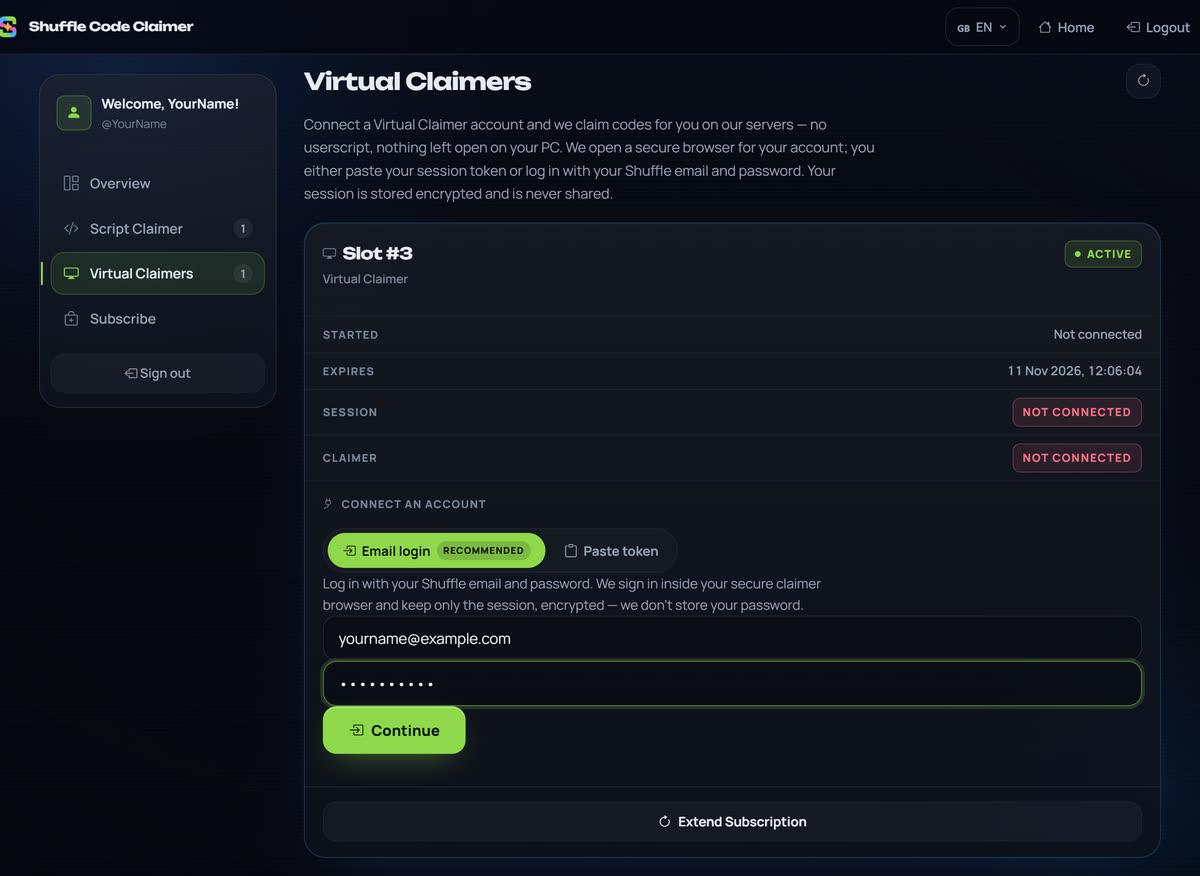 The user panel's Virtual Claimers page connecting a slot with Email login: a Shuffle email address and password, then Continue