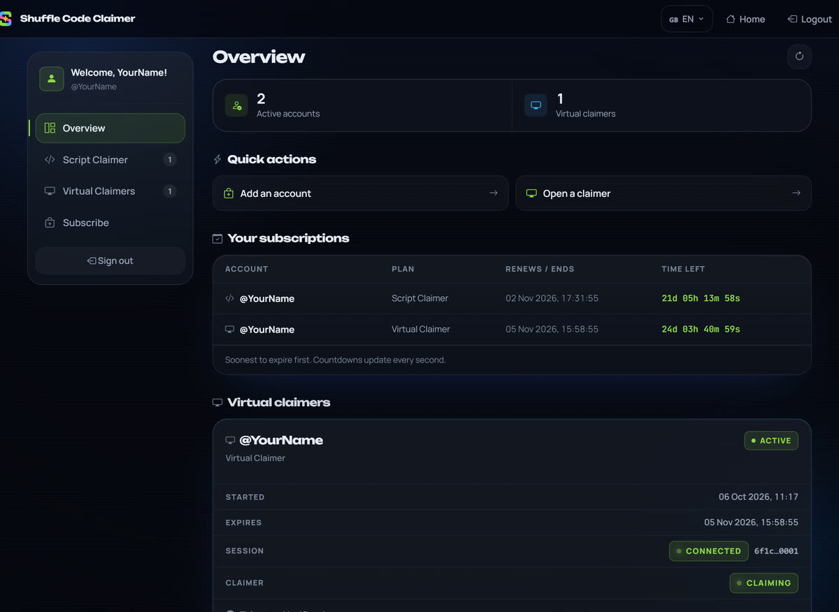 The user panel's Overview: two active accounts and one virtual claimer, quick actions, and a subscriptions table with each plan's renewal date and a live countdown