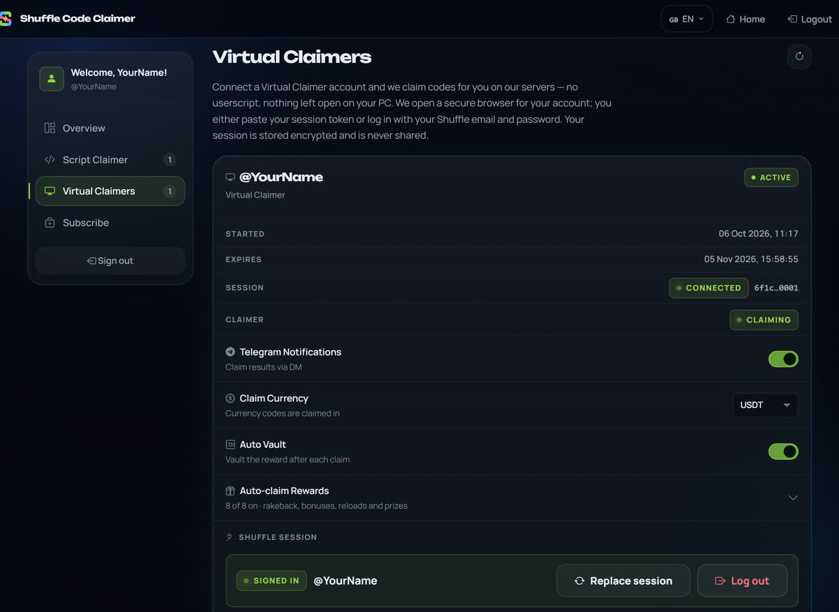 A Virtual Claimer slot in the user panel: session connected and claiming, Telegram notifications, claim currency, auto-vault and the Auto-claim Rewards switches