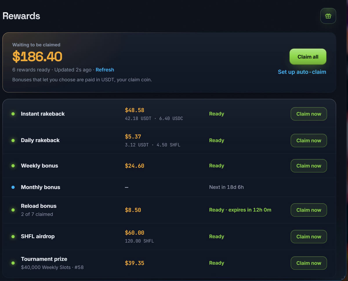 The Rewards tab: 186.40 dollars waiting to be claimed, with a Claim all button, and a list of instant rakeback, daily rakeback, weekly bonus, reload bonus, SHFL airdrop and a tournament prize, each ready with a Claim now button