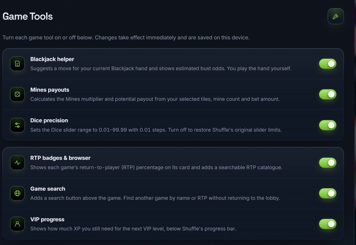 The Game Tools tab with a switch for each tool: Blackjack helper, Mines payouts, Dice precision, RTP badges and browser, Game search and VIP progress