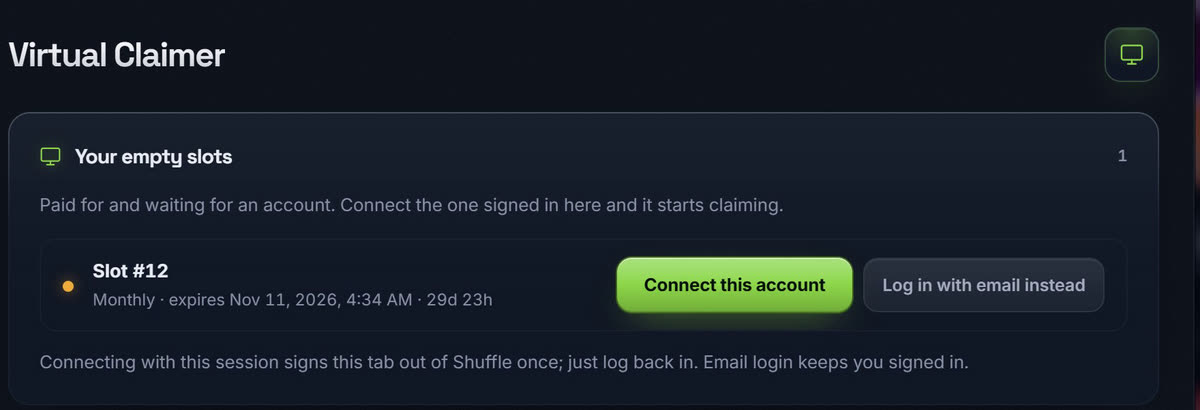 The script's Virtual Claimer tab showing an empty slot with two buttons: Connect this account, and Log in with email instead